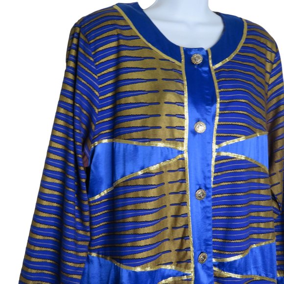 Vintage 70s Mod Coat Jacket L Blue Gold Mid Length Buttons Shoulder Pads Boho - Picture 13 of 15